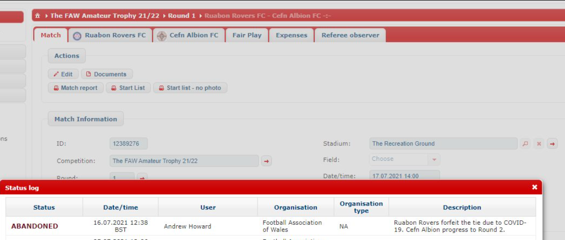 Ruabon Rovers Forfeit FAW Trophy R1 Tie