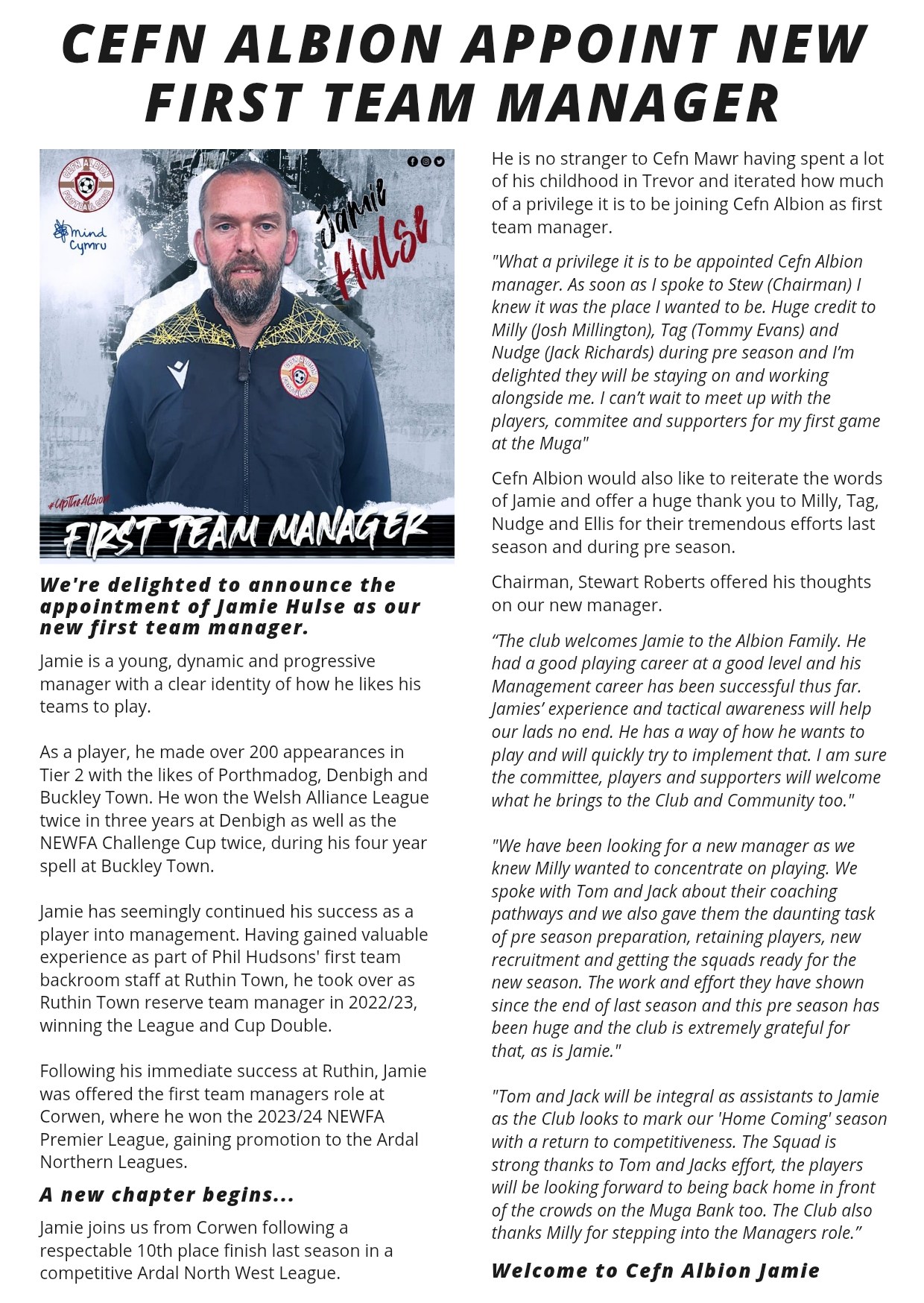 Jamie Hulse Appointed as First Team Manager